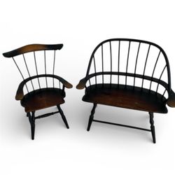 Vintage Windsor Style Miniature Wooden Doll Furniture Black Brown Chair Set MCM
