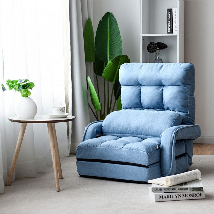 Folding Lazy Floor Chair Sofa With Armrests And Pillow-Blue