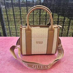 Guess Los Angeles Women Girl Handbag Tote Bag Purse Shoulder - White/Brown