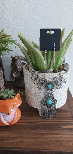 Turquoise Chunky Statement Tassel Necklace Earrings Set Boho Tribal Southwestern