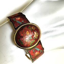 Cloisonné  red   flower design  locket  vintage bracelet