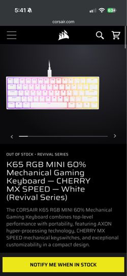 Corsair K65 RGB Mini 60% Mechanical Keyboard (White / Cherry MX Speed)