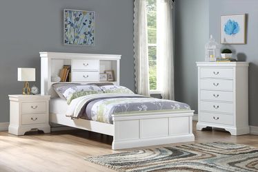 Brand new white/pink/gray twin bookcase bed frame, mattress is extra.