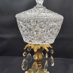 Exquisite Vintage Hollywood Regency Crystal & Brass Covered Compote/ Bowl With 6 Teardrop Crystals 