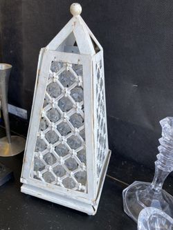 Unique Vintage White Metal and Glass Votive Candle Holder . Glass Pyramid Lantern .