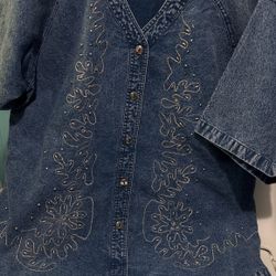 Short Sleeve Blue Denim Shirt With Silver Studs And Decorations