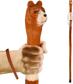 Walking stick Carved Bear Head Willow Wood - Brand new