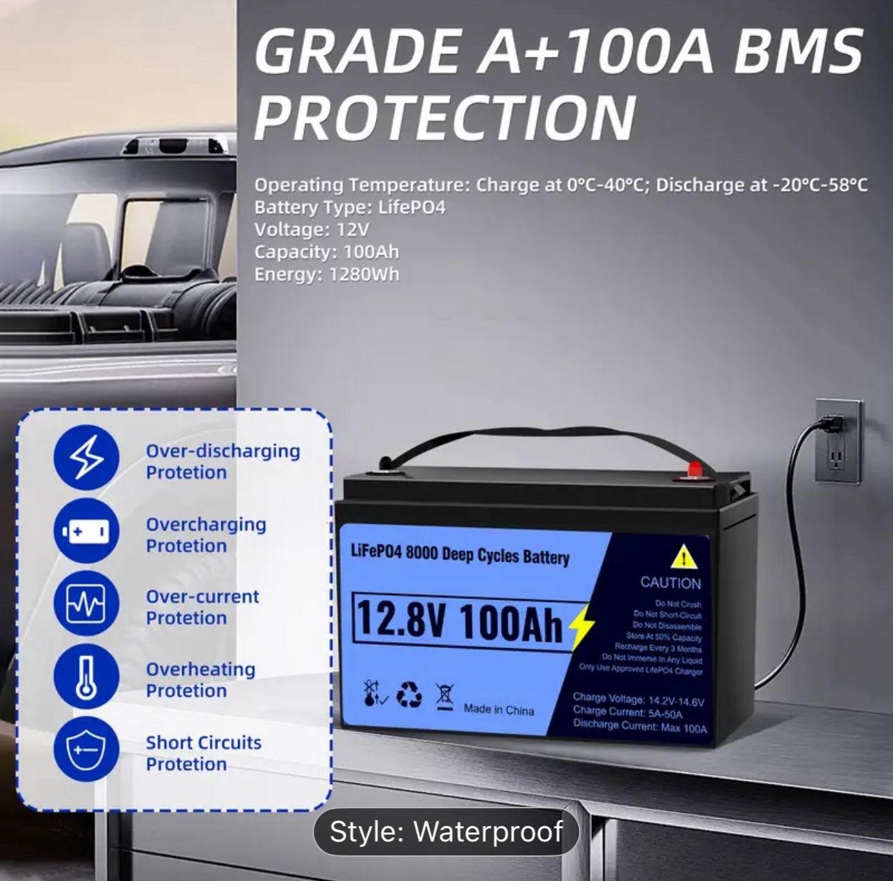12V 100Ah IP65 Waterproof LiFePO4 Lithium Battery