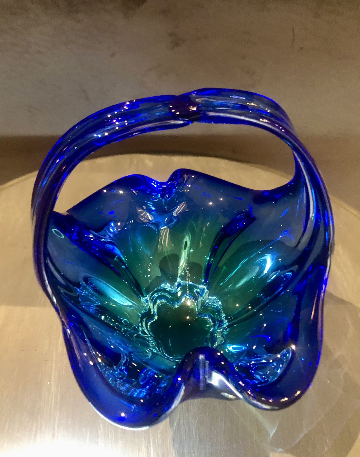 ROYAL GALLERY ART GLASS BLUE/GREEN BASKET MADE IN CZECH REPUBLIC