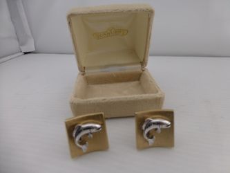 Vintage SUNBURST Men's Gold Tone Silver Fish Trout Cufflinks with Box F4