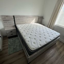 King Size Mattress With Box Frame, and Bed Frame with Attached Matching Nightstands
