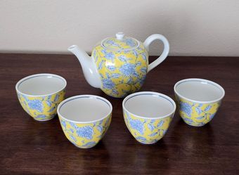 Japanese Tachikichi Porcelain Tea Set Yellow And Blue Floral Bird Scene