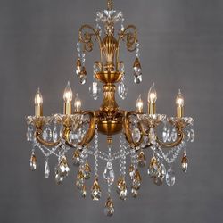 Antique Gold Crystal Chandeliers, 6-Light Polished Gold Crystal Iron Pendant Light, Luxury Golden Bronze Candle Style Hanging Light Fixture for Dining