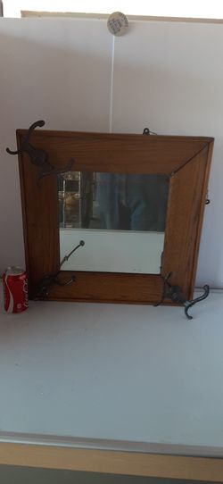 Antique Square Oak Wood Wall Mirror with 3 Black Iron Hat Coat Hooks