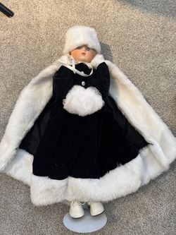 Porcelain Doll in Black Velvet and Fur Outfit