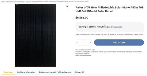 New Philadelphia Solar 450W Bifacial Panels — Pallet of 37 — $5,500