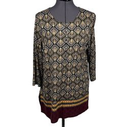 J. Jill Women's Black/Brown Print Top Tunic 3/4-Sleeve Scoop-Neck Size S