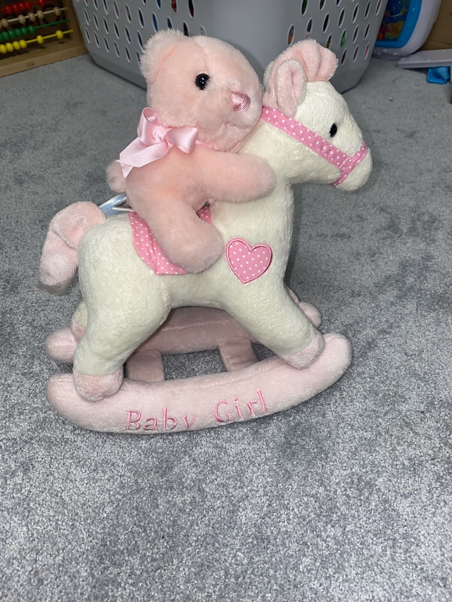 Ebba “baby girl” pink bear on rocking horse soft plush musical toy