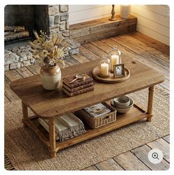 Rectangle Solid Wood Coffee Table, 47" Center Table with 2-Tier Storage  New In Box  Box:97  The strength of solid wood coffee table also reduces repl