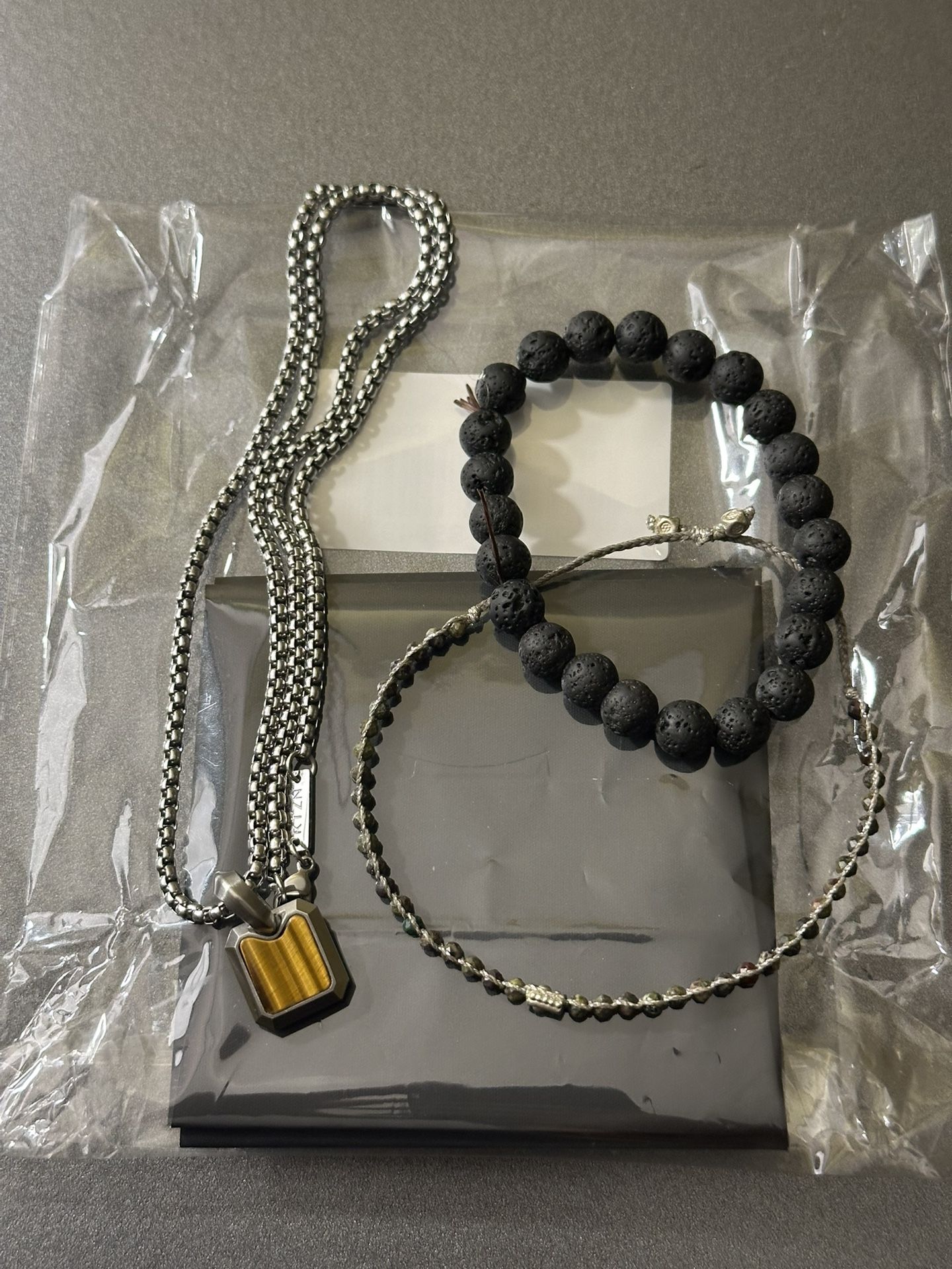 Tiger’s Eye Pendant Stainless Steel Necklace 20” + Lava Stone & Bloodstone Bead Bracelets Healing Jewelry Set