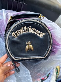 Black Round Mini Handbag with Bee Emblem