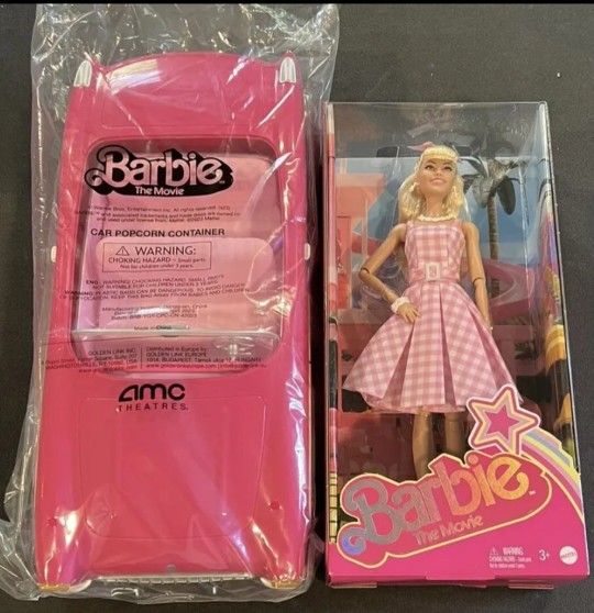 AMC Collectible Barbie Movie Exclusive Popcorn Bucket Corvette Car, Margot Robbie Barbie Doll and Inflatable Cup Holder.