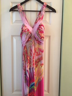 Miss Morena pink yellow dress with criss cross in back size Large