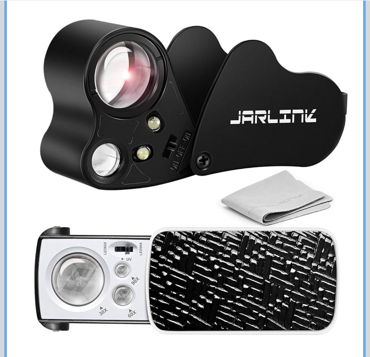 JARLINK 2 Pack Jewelers Loupe, 30X 60X 90X Illuminated Jewelers Eye Magnifier and Magnifying Glass Loop with UV Black Light and Bright LED Light for G