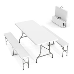 Picnic Table Set with 2 Benches, 6 Feet Camping Table Chair Set,3-Piece Folding Furniture for Indoor or Outdoor Use, Smooth Tabletop, White