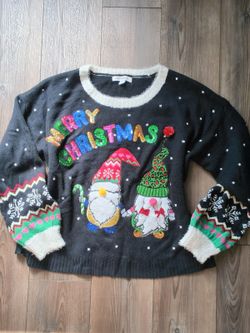 99 Jane Street Embroidered & Sequin Gnome Holiday Knit Sweater L