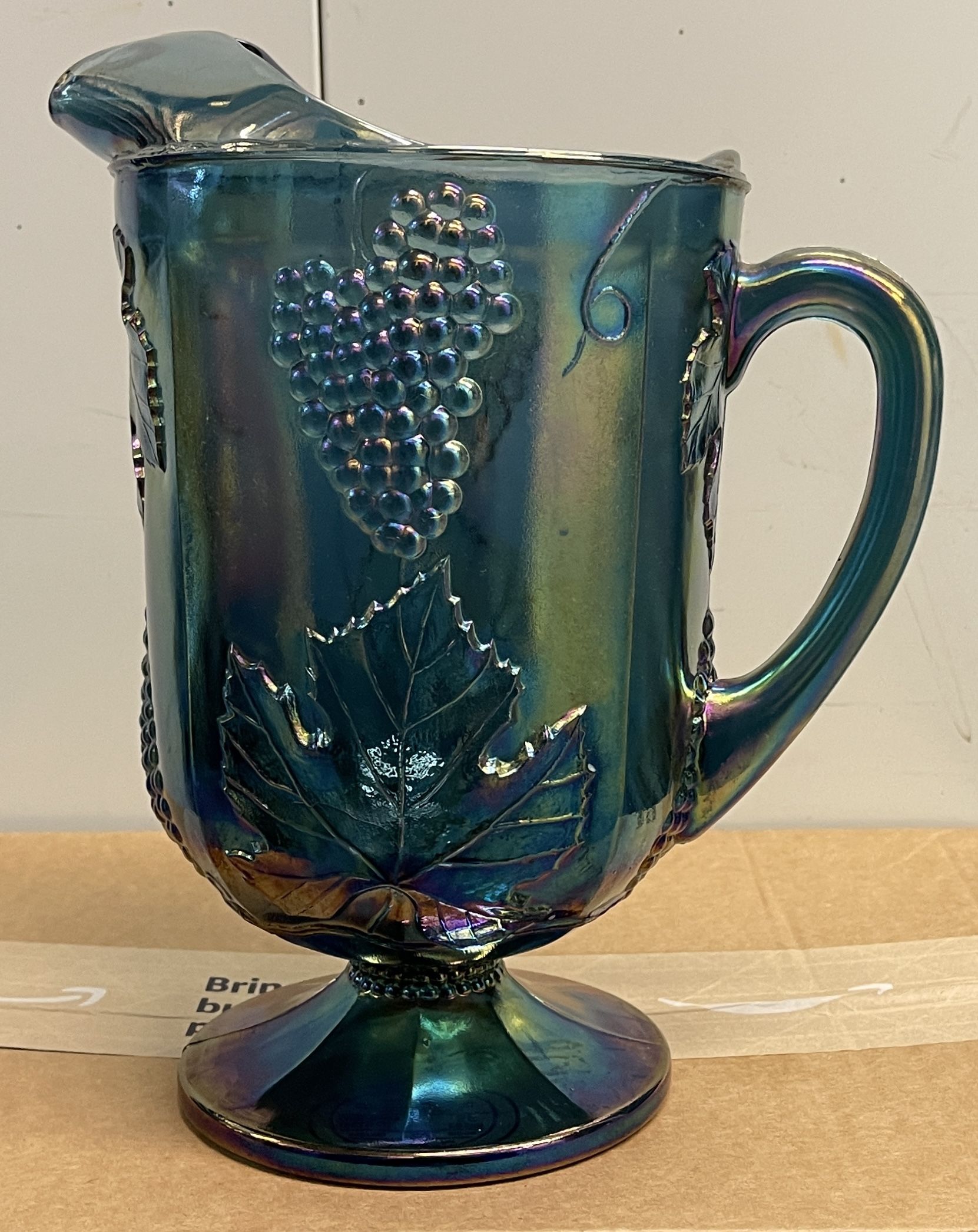 Vintage Indiana Carnival Glass Iridescent Blue Harvest Grape 64oz Pitcher