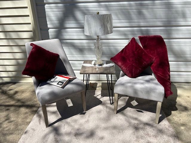 , Setof 2 Winfield Upholstered Chairs - Martha Stewart, Gray Hairpin Table,Crystal Lamp, Vellux Burgandy Throw with matching Pillow &amp; 4 ft 