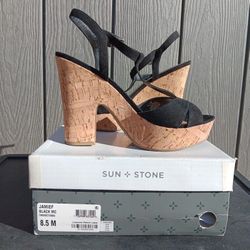 Sun+Stone- 8.5M size black suede/cork platform heels/sandals