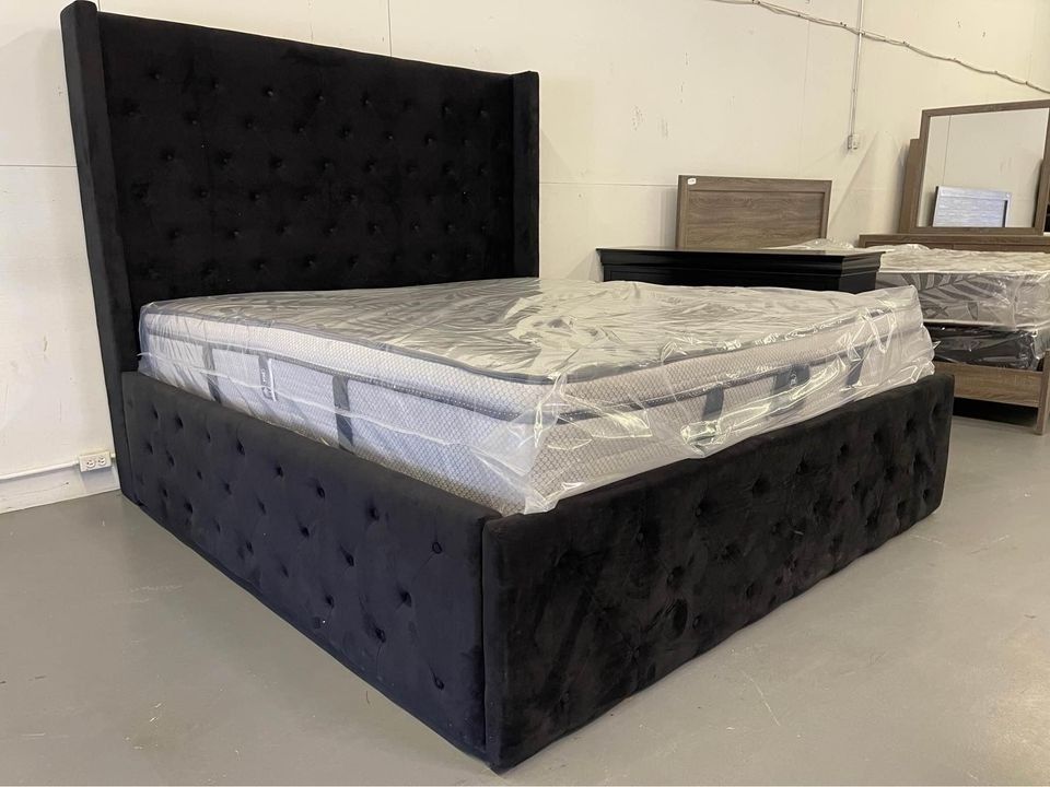 Brand New Black Upholstered Tufted Platform King And Queen Size Bed Frame - Mattress
