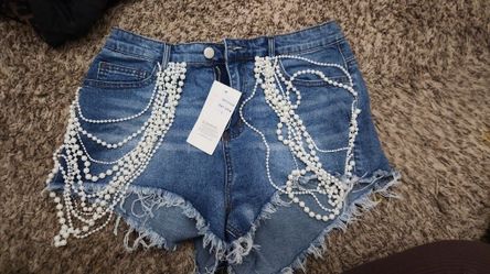 Embellished Jean Shorts With Pearls