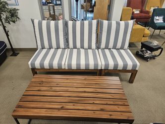 Outdoor Patio Sofa Set – Wood Look Couch with Coffee Table – Gray Striped Cushions