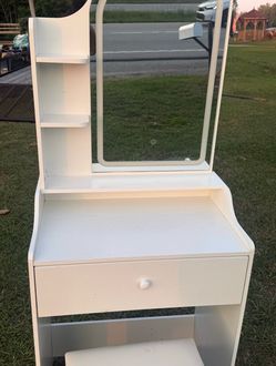 Modern White Vanity Makeup Table Set with LED Mirror & Matching Stool
