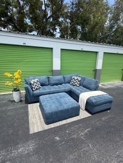 Blue Suede Sectional Couch Sofa w/ Ottoman