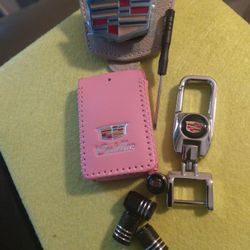 Cadillac Leather Keychain Case Cover Sun Glasses Holder And Valve Stem Caps For Tires $40.