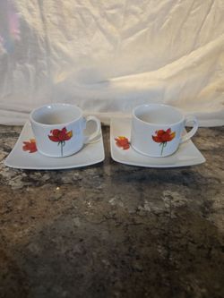 Finecasa Porcelain Espresso Cups and Square Saucers - Set of 2 Pairs