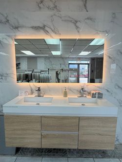 60" Double Sink Floating Natural Wood Color Bathroom Vanity 