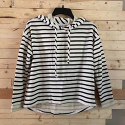 For The Republic NWT Women’s Black Cream Stripes Hoody Knit Sweater Top size M