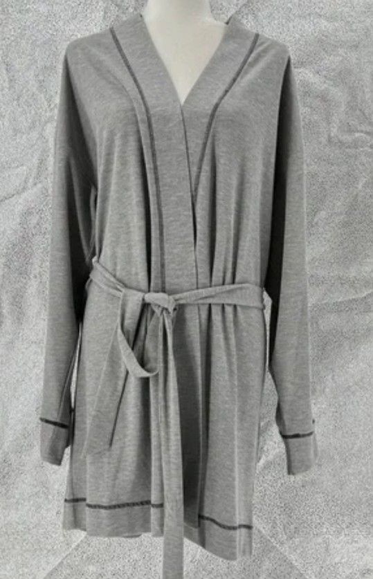 FABLETICS HEATHER GREY WAFFLE KNIT BELTED LOUNGE ROBE