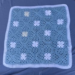 Beautiful Handmade Crocheted Blue And White Granny Square Baby Blanket 30”x30”