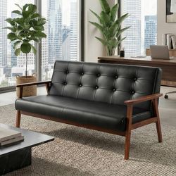 50" W Solid Wood Loveseat Sofa, Upholstered Faux Leather Couch Mid-Century Modern, 2-Seat, Tufted Backrest, Living Room, Waiting Room, Bedroom