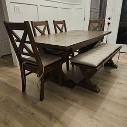 Farmhouse Dining Table With Bench & 4 Chairs
