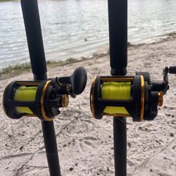  (2) Preowned Penn Squall 50LD Reels & 2 Preowned LMR Shop Custom Made 6FT 20-50LB Rods 🔥 