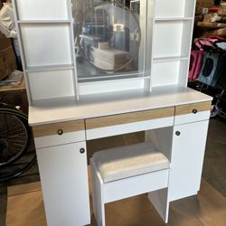 Vanity  Desk with Mirror and Lights Heart Strip, RGB Led, Glass Top Bedroom Dresser with Rechargeable Outlet （Fcc） with Stool 