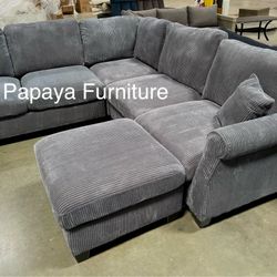 New! Dark Grey Sectional Sofa And Ottoman, Sectionals, Sofa, Couch, Plush Sectional, High Back Couch, Sofas, Grey Sectional, Grey Sofa, Grey Couch
