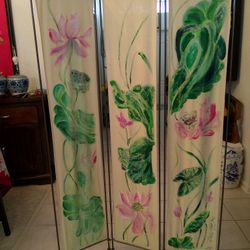 Vintage Hand Painted 3 Panels Oriental Oil On Canvas Lotus Room Divider Signed Dated. 70" H x 42"W. Foldable, Great Piece For Your Study/Office 